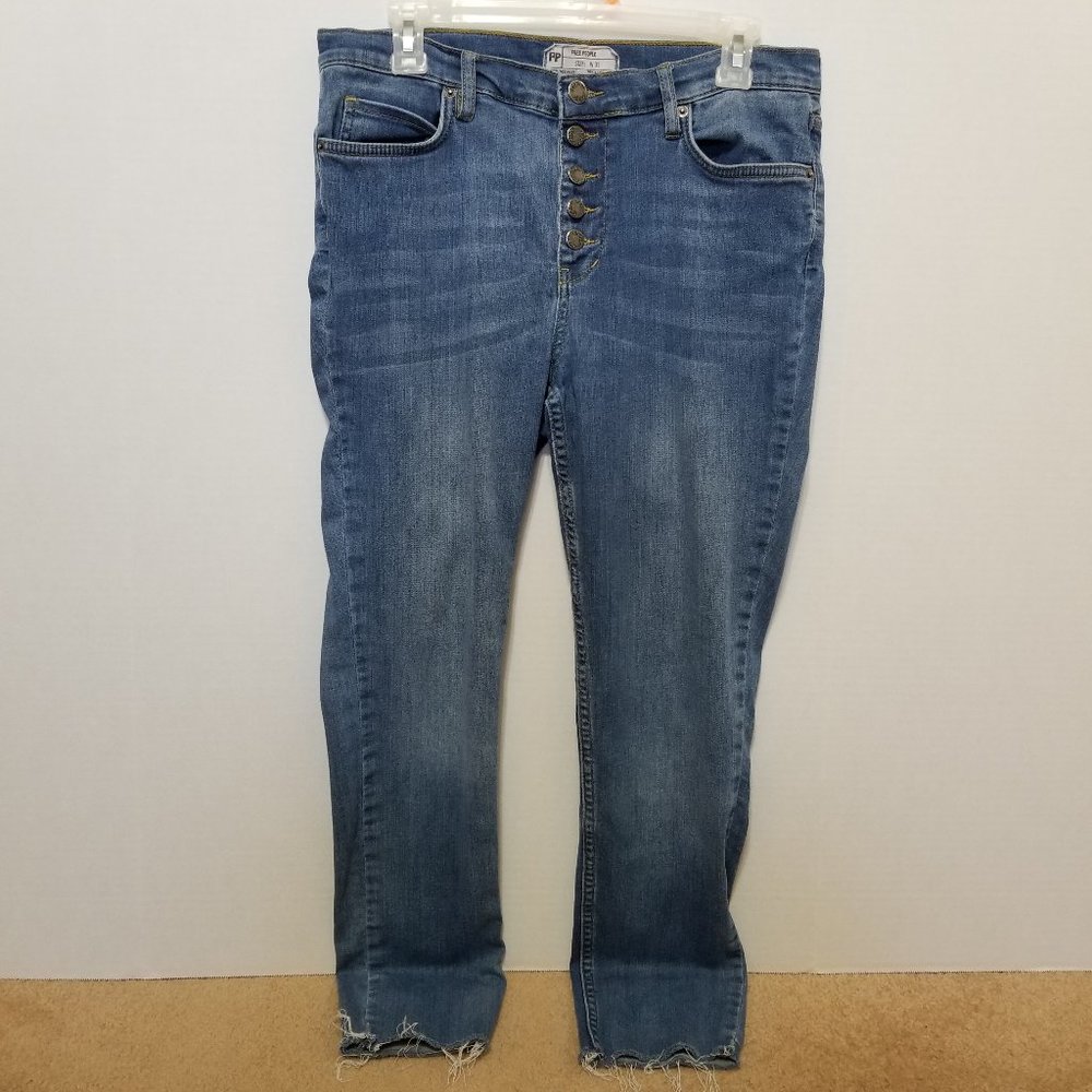 Free People jeans 31 Reagan Raw frayed hem skinny ankle denim whiskered 545315